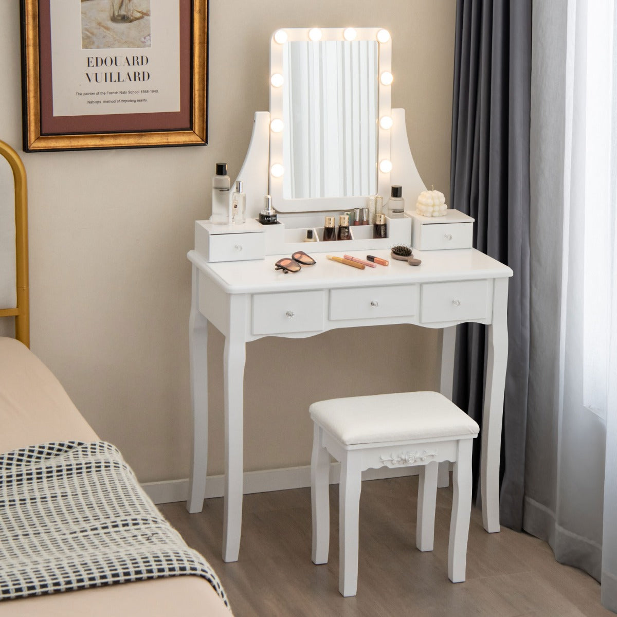 Mesa de Tocador com Espelho Iluminado e Mesa de Maquilhagem com Luzes 3 Modos de Cor Luminosidade Ajustável 5 Gavetas e Banqueta Branco