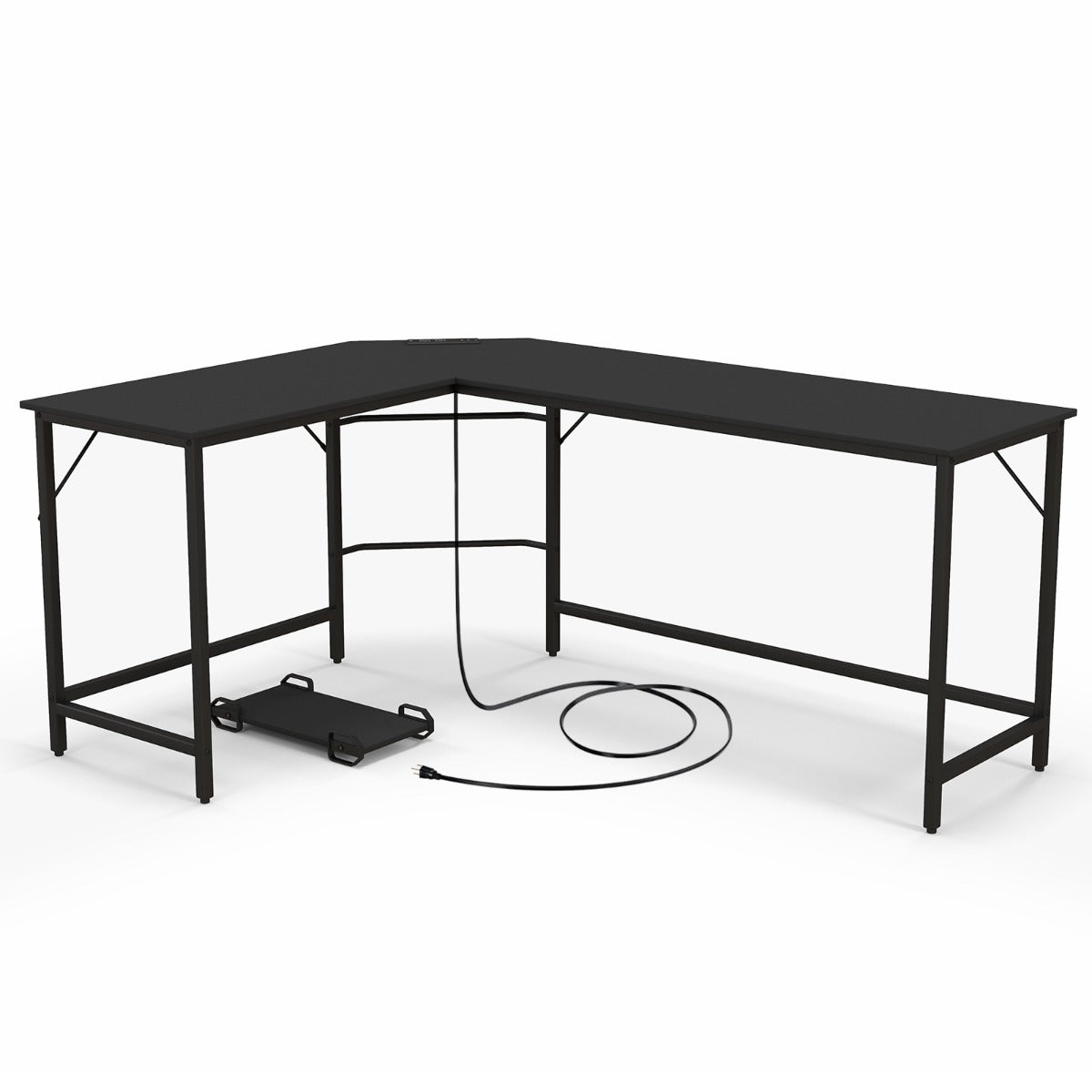 Escritório de Trabalho em Forma de L com Tomada de Corrente de 168 cm Suporte para CPU e Estrutura de Metal Resistente para Escritório Preto