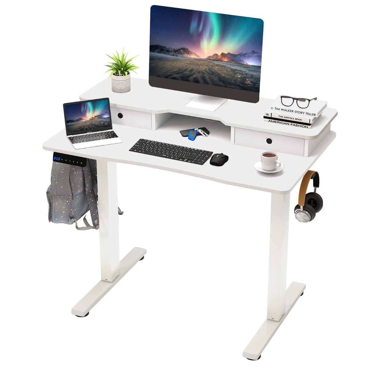 Secretária Elétrica de Pé 100 x 60 cm com 2 Gavetas Altura Ajustável com Suporte para Monitor - Branco