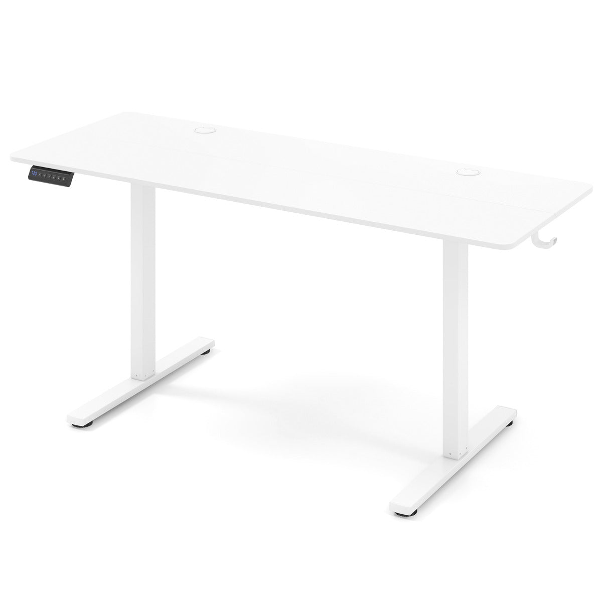 Escritório Elétrico de Pé Mesa de Computador 160 x 60 cm com Altura Ajustável 2 Ganchos e Orifícios para Cabos para Casa e Escritório Branco