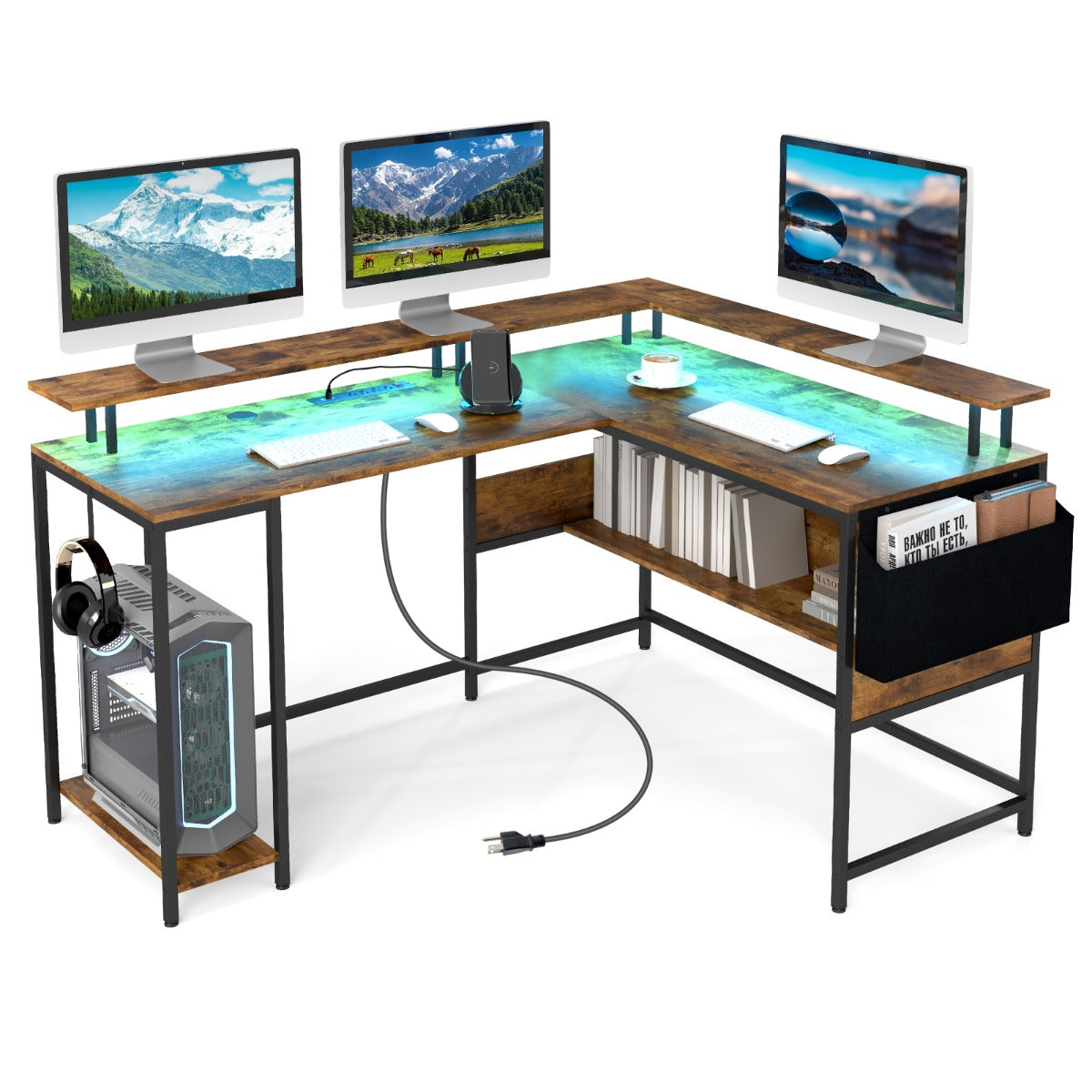 Escritório em Forma de L com Luzes LED e Tomadas de Corrente Suporte para Monitor Bolsa de Tecido Gancho 146 x 115 x 85,5 cm Castanho