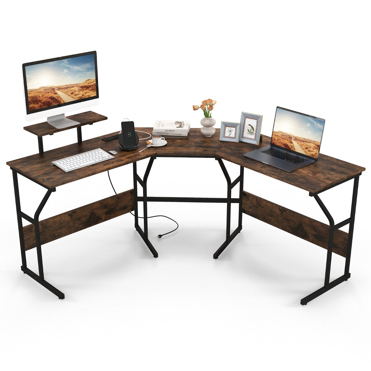 Escritório em Forma de L com Tomada de Corrente e Suporte para Monitor Móvel Estação de Trabalho para 2 Pessoas de 225 cm Castanho