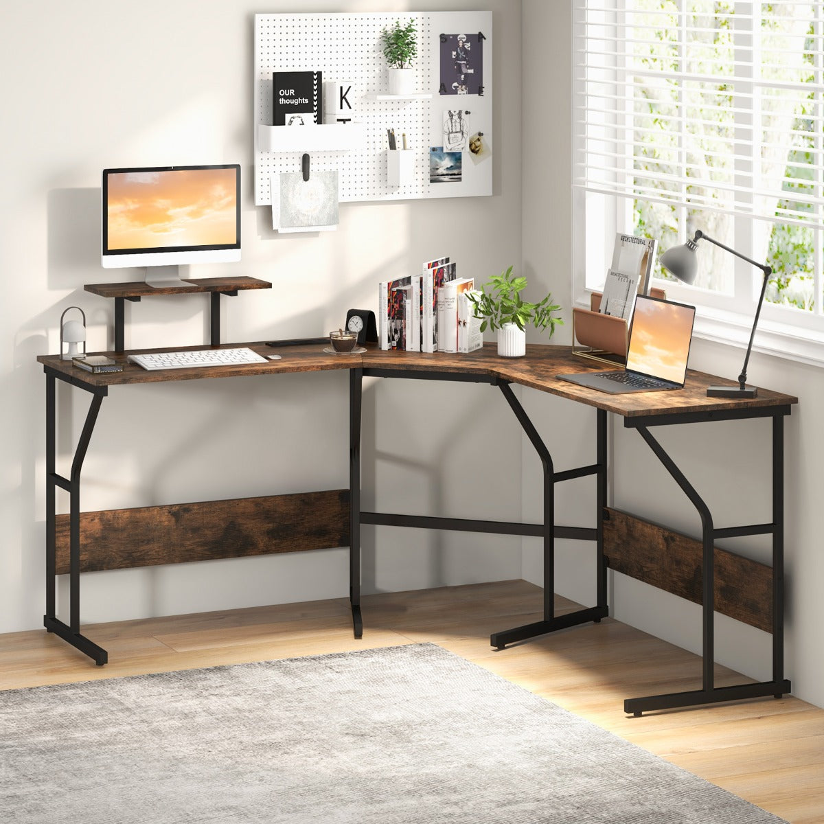 Escritório em Forma de L com Tomada de Corrente e Suporte para Monitor Móvel Estação de Trabalho para 2 Pessoas de 225 cm Castanho