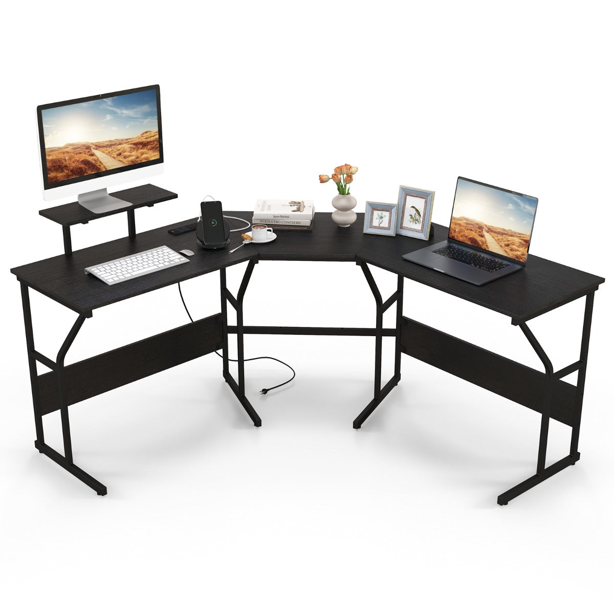 Escritório em Forma de L – 225 cm – Preto – Metal