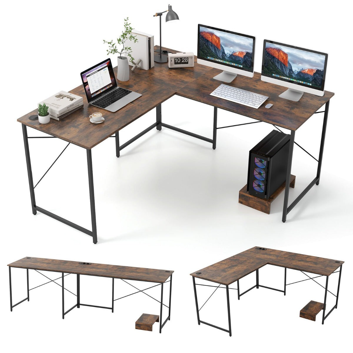 Escritório em Forma de L Reversível de 150 cm com Tomadas Integradas e Suporte para Monitor/Host - Marrom