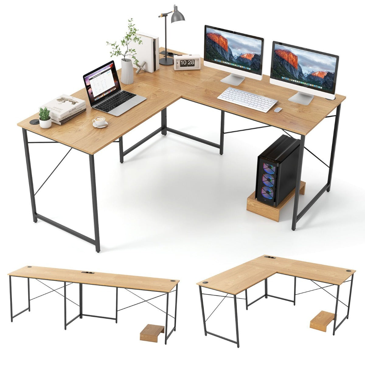 Escritório em Forma de L Reversível 150 cm para Computador com Régua Elétrica Integrada Suporte de Monitor/Host para Escritório em Casa