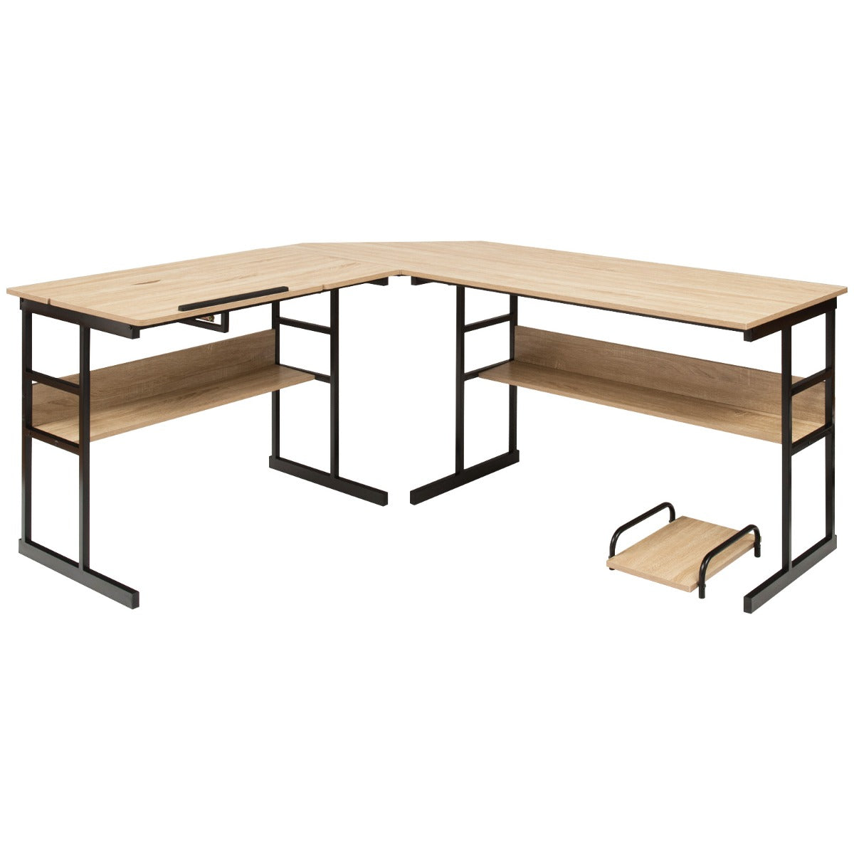 Escritório de Canto Moderno em Forma de L com Mesa de Desenho Inclinável e Prateleira Inferior em Estrutura de Metal Natural