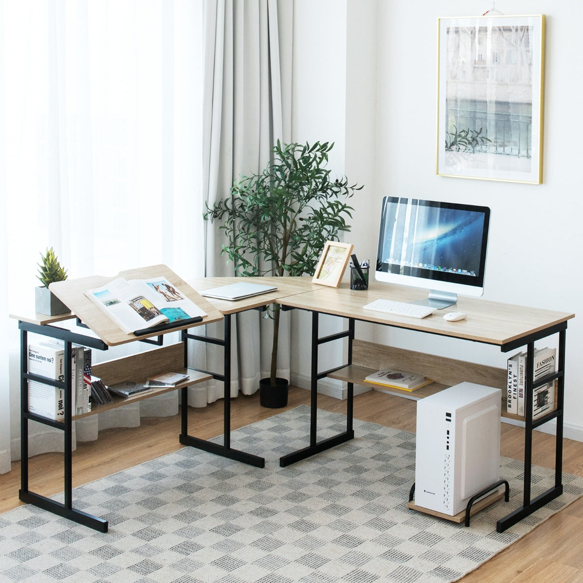 Escritório de Canto Moderno em Forma de L com Mesa de Desenho Inclinável e Prateleira Inferior em Estrutura de Metal Natural