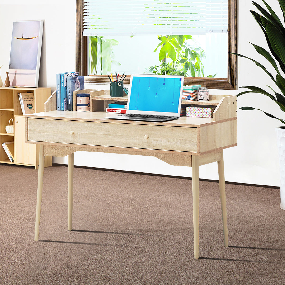 Escritório de Computador com Gaveta Pernas de Madeira de Borracha e 2 Compartimentos para Estudo Escritório 120 x 50 x 93 cm Natural