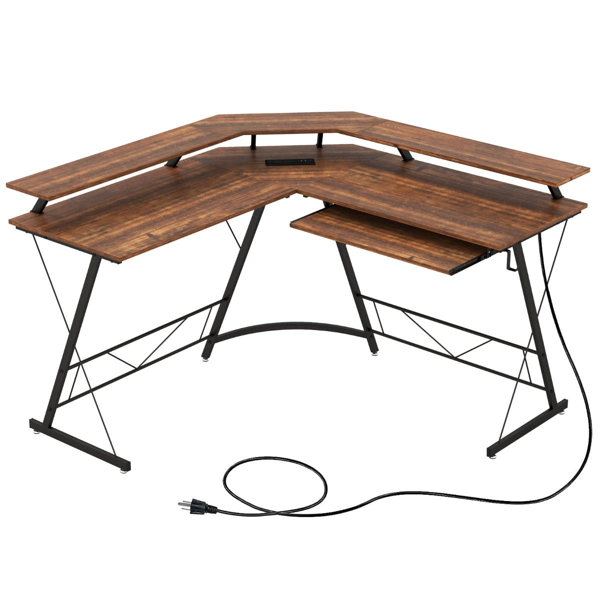 Escritório para Computador em Forma de L com Tomada Elétrica, Bandeja para Teclado e Gancho para Auscultadores 130 x 130 x 86 cm Castanho
