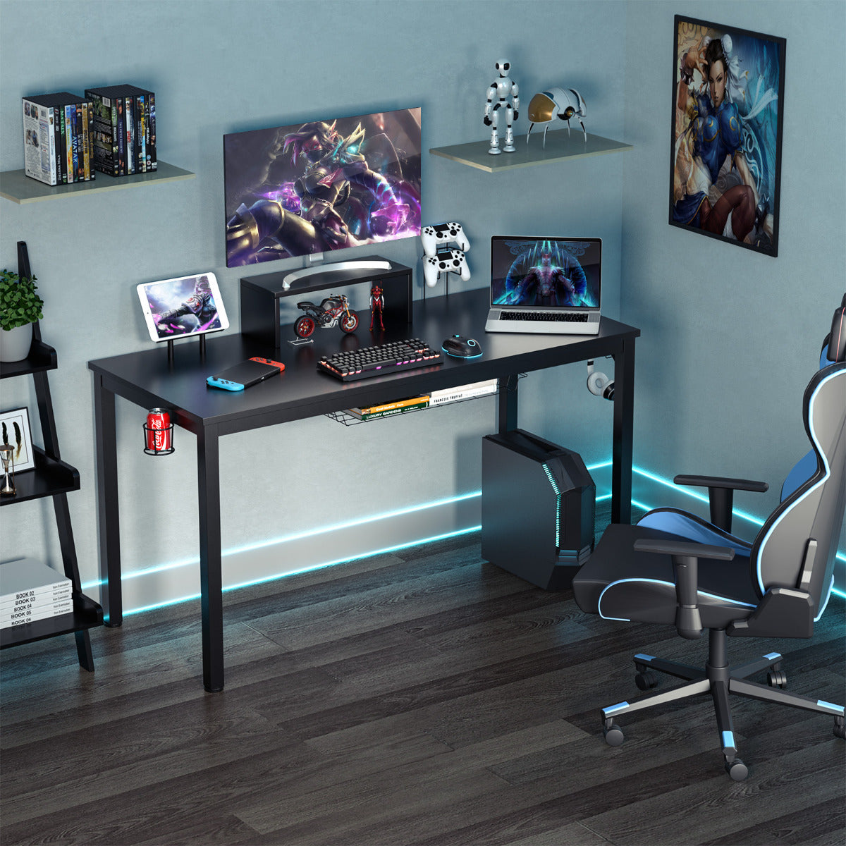 Escritório para Jogos com Estante para Monitores Gancho para Auscultadores 140 x 60 x 94 cm Preto