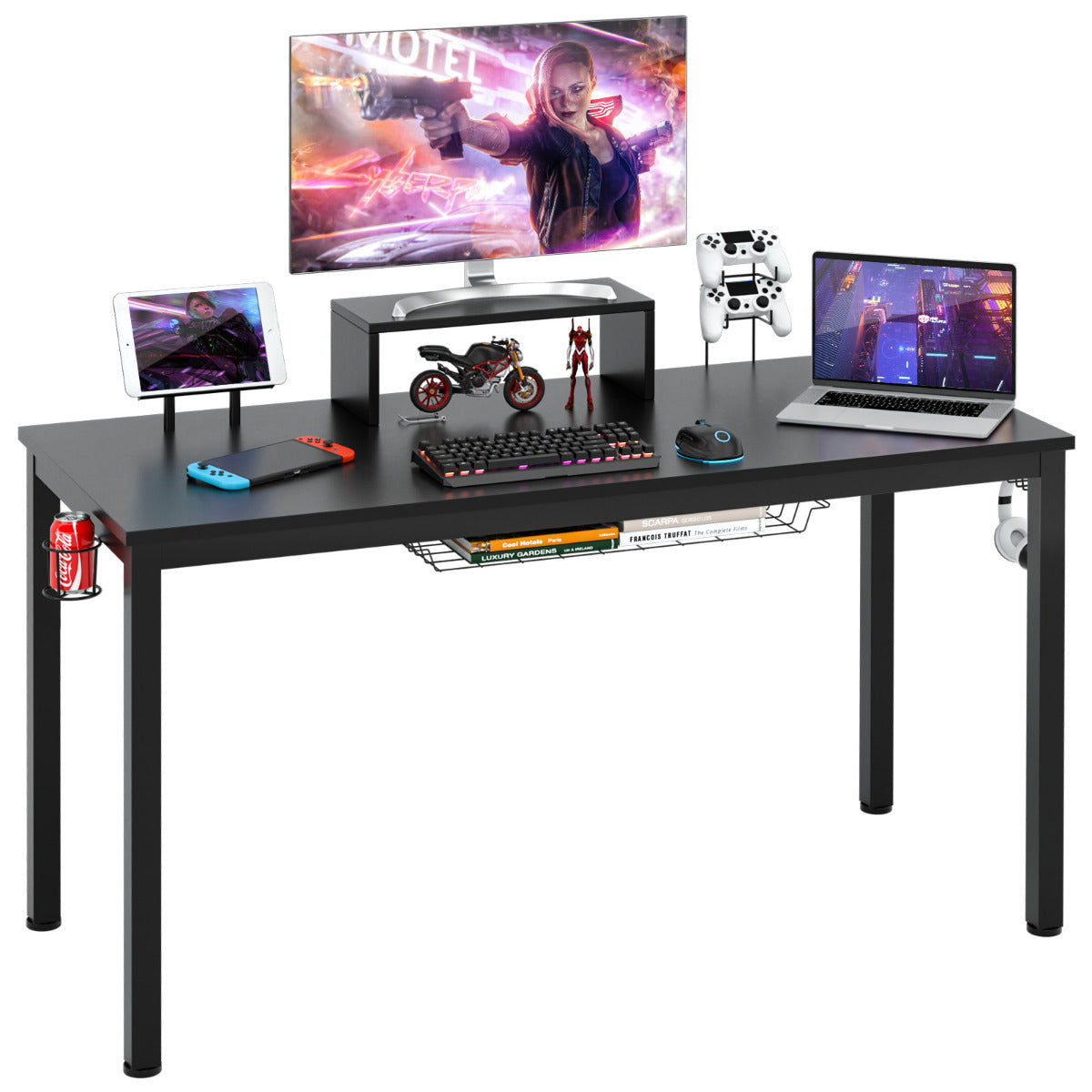 Escritório para Jogos com Estante para Monitores Gancho para Auscultadores 140 x 60 x 94 cm Preto