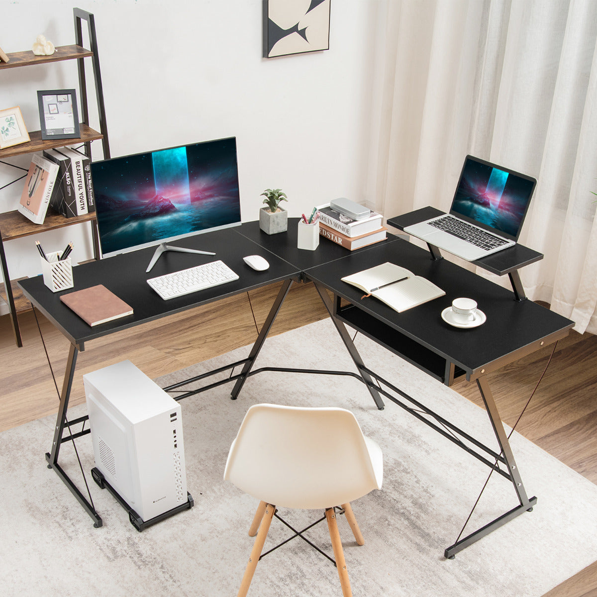 Escritório para Computador em Forma de L com Suporte Removível para Monitor Mesa para Estudar Videojogos para Casa e Escritório Preto