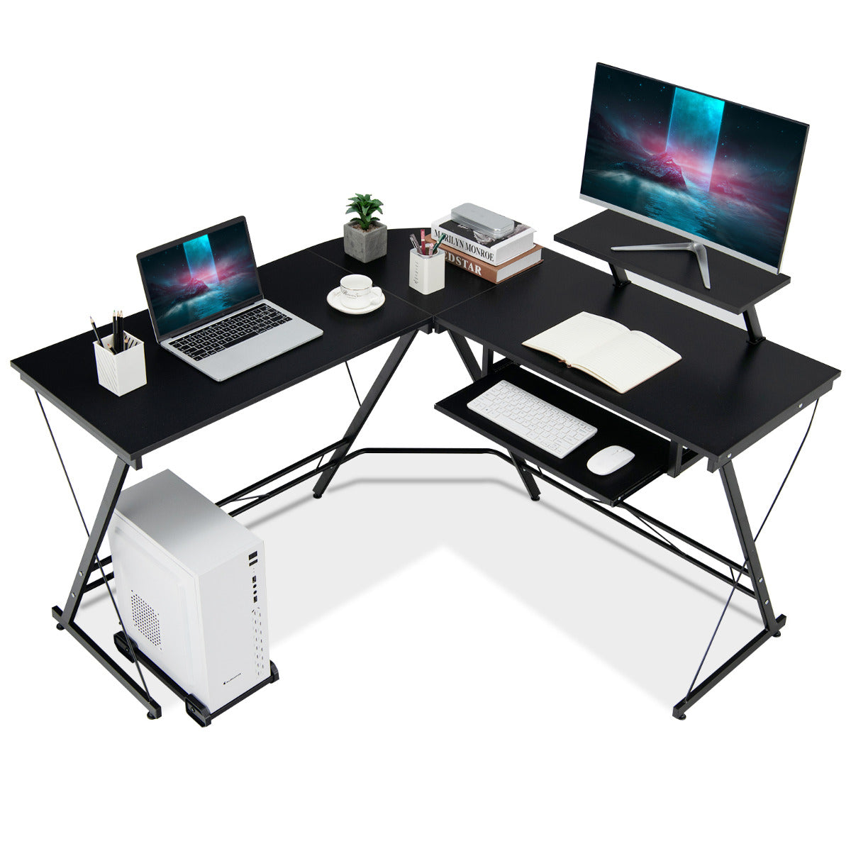 Escritório para Computador em Forma de L com Suporte Removível para Monitor Mesa para Estudar Videojogos para Casa e Escritório Preto