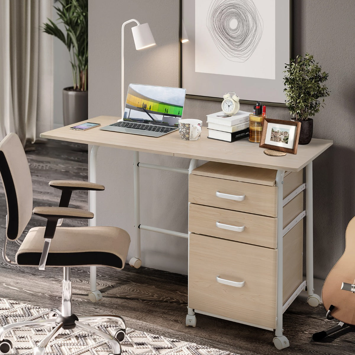 Escritório Dobrável para Computador com 3 Gavetas de Armazenamento e Rodas Bloqueáveis 105 x 50 x 74 cm Natural