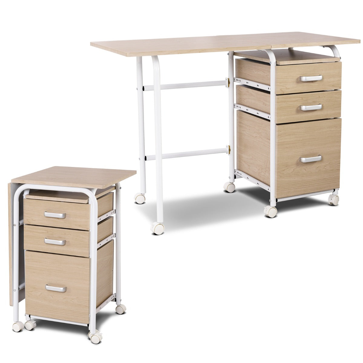Escritório Dobrável para Computador com 3 Gavetas de Armazenamento e Rodas Bloqueáveis 105 x 50 x 74 cm Natural