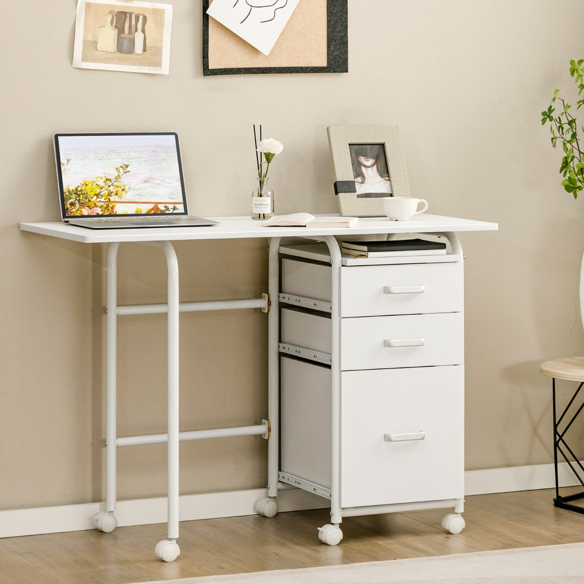 Escritório Dobrável para Computador com 3 Gavetas de Armazenamento e Rodas com Travão 105 x 50 x 74 cm Branco