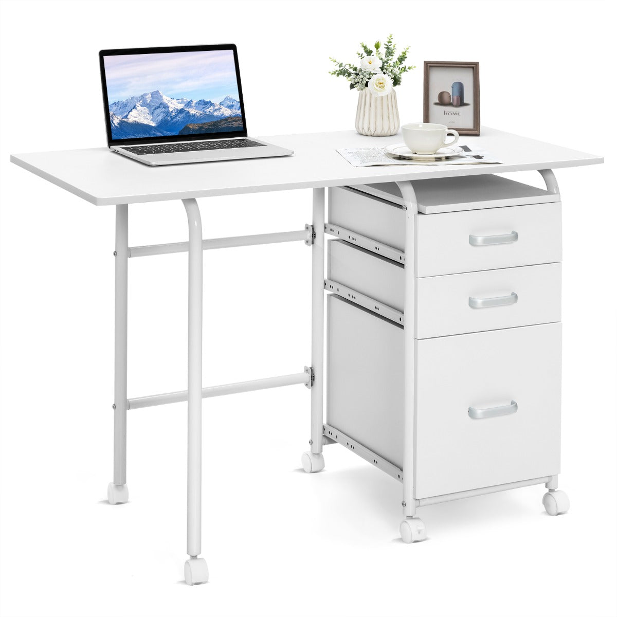 Escritório Dobrável para Computador com 3 Gavetas de Armazenamento e Rodas com Travão 105 x 50 x 74 cm Branco