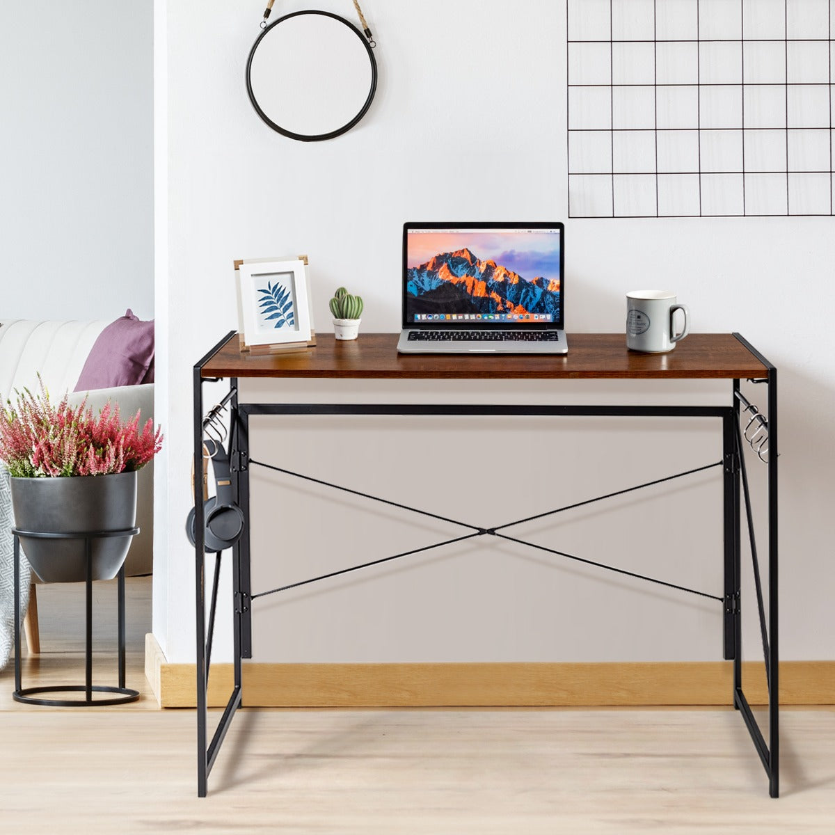 Mesa de Estudo Dobrável para Computador Moderna e Simples com Estrutura de Metal 100 x 50 x 75 cm - Castanho Escuro