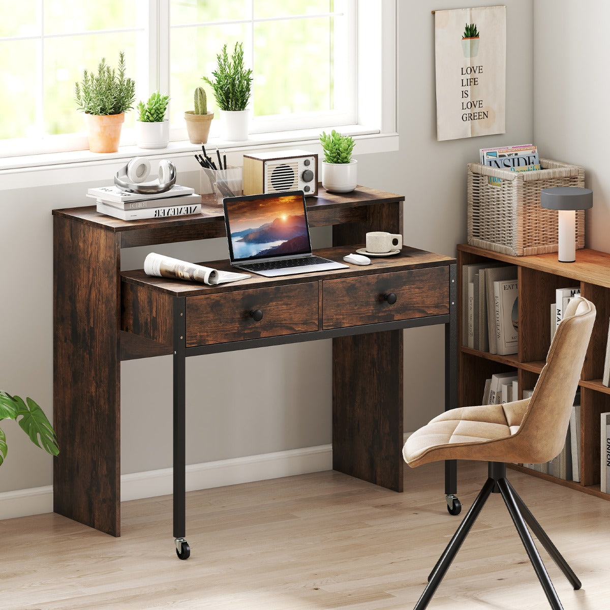 Escritório de Computador Retrátil com Gavetas de Armazenamento com Rodas para Escritório Sala Quarto 100 x 63 x 88 cm Café