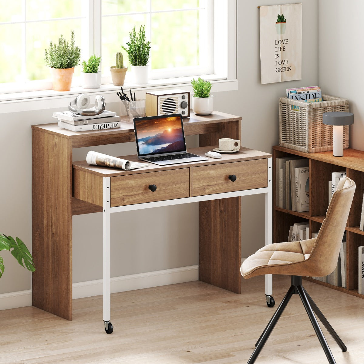 Escritório de Computador Retrátil com Gavetas de Armazenamento com Rodas para Escritório Sala Quarto 100 x 63 x 88 cm Natural