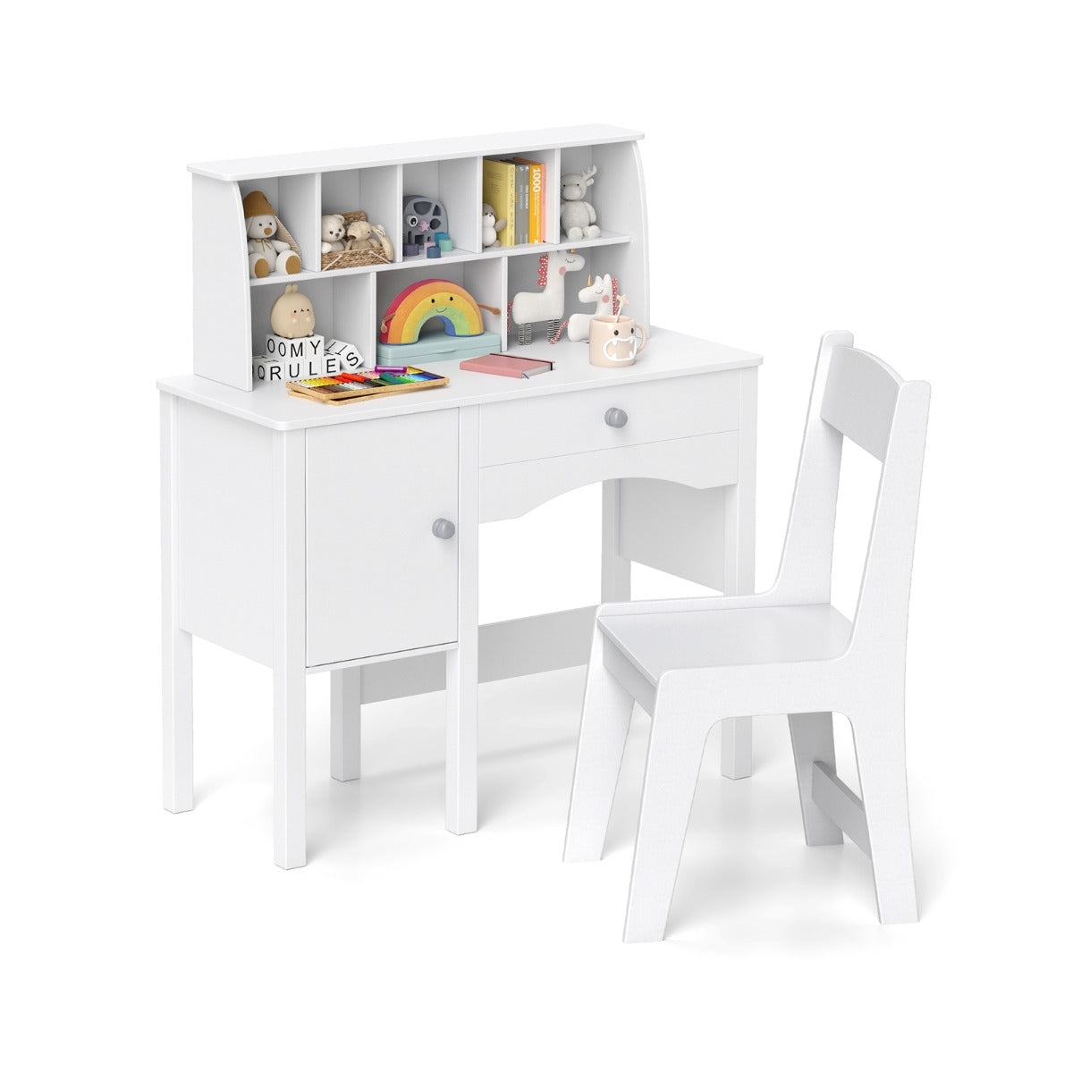 Escritório para Crianças com Cadeira e Estante Aberta Armário Gaveta para Crianças a Partir dos 3 Anos para Quarto 79 × 34 × 91 cm Branco