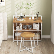 Mesa de Escritório com Banqueta Mesa de Computador com Tabuleiro Dobrável 2 Prateleiras Mesa de Escritório com 2 Tomadas USB e Porta Tipo-C Natural