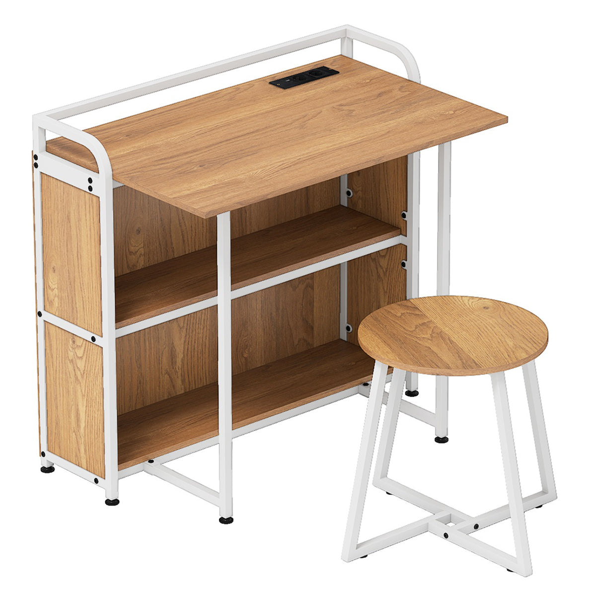 Mesa de Escritório com Banqueta Mesa de Computador com Tabuleiro Dobrável 2 Prateleiras Mesa de Escritório com 2 Tomadas USB e Porta Tipo-C Natural