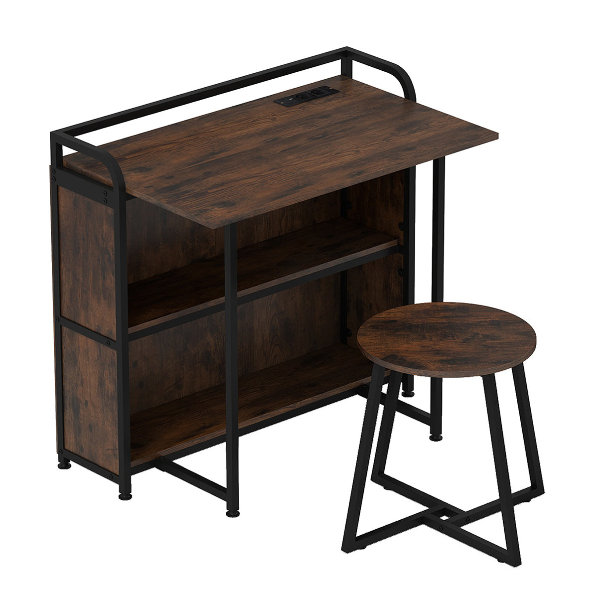 Mesa de Escritório com Banqueta, Mesa de Computador com Bandeja Dobrável, 2 Prateleiras, Mesa com 2 Tomadas USB e Porta Tipo-C em Castanho