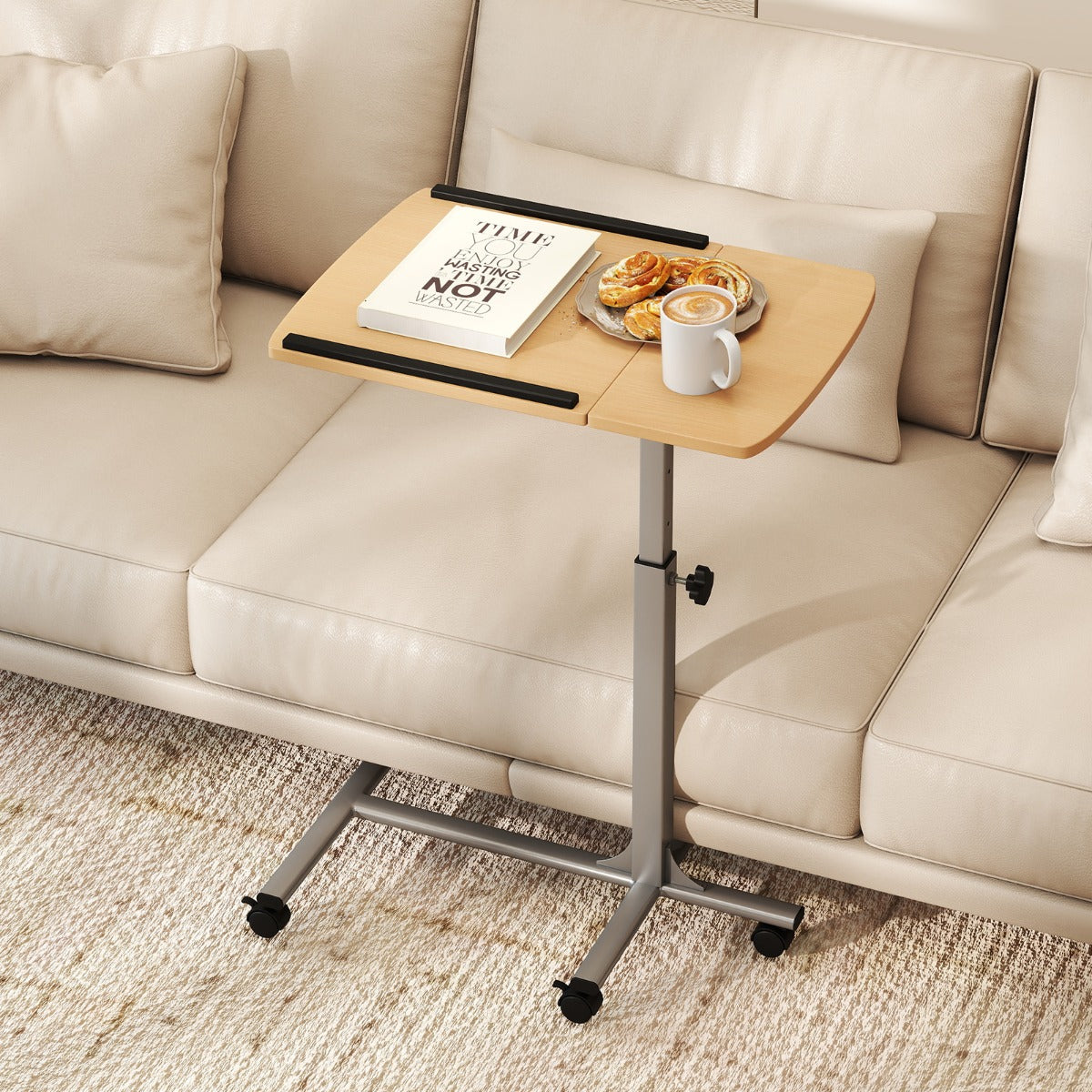 Mesa de Computador Altura Ajustável Escritório em Forma de C com Rodas Escritório Ângulo Regulável para Casa Escritório Cama Sofá Natural