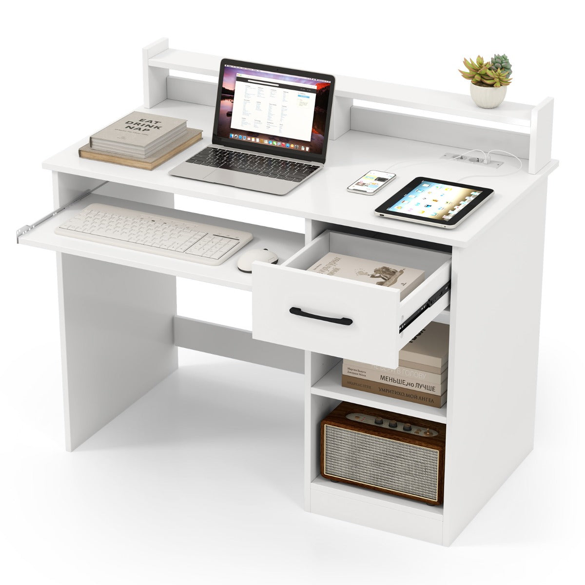 Escritório de Computador com Tomadas de Corrente, Bandeja para Teclado, Gaveta e Prateleira para Escritório em Casa Estúdio 105 x 55 x 89 cm Branco