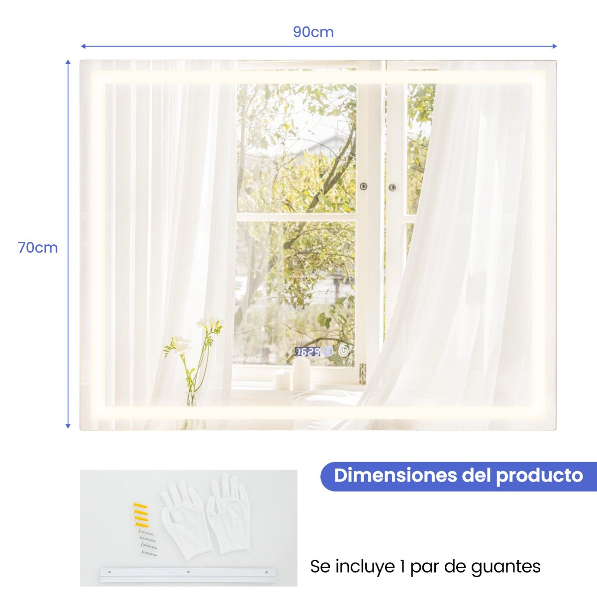 Espelho Quadrado de Casa de Banho LED Antivapor Montado na Parede com 3 Luzes de Cor e Função Tátil Inteligente de Memória 70 x 90 cm Prateado