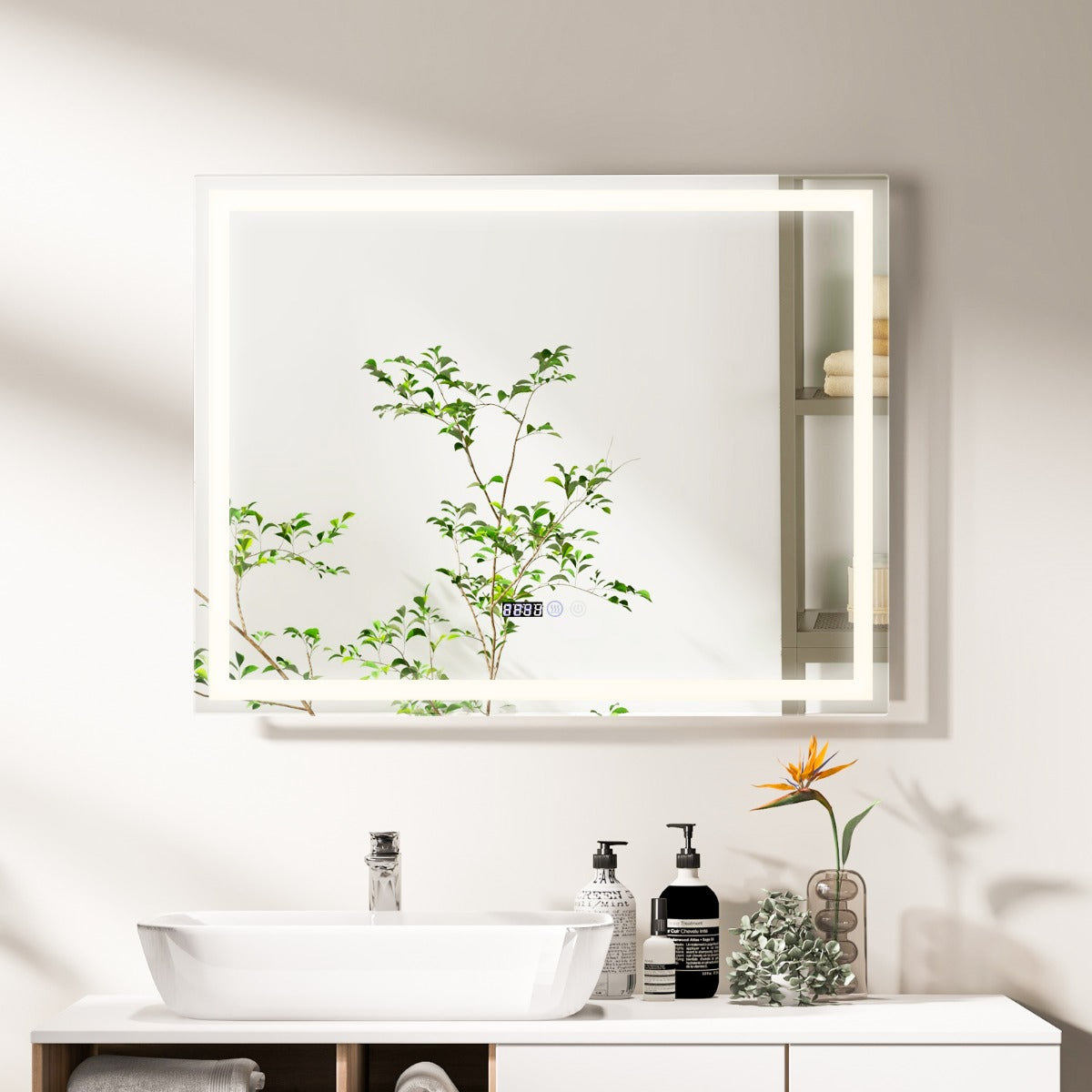 Espelho Quadrado de Casa de Banho LED Antivapor Montado na Parede com 3 Luzes de Cor e Função Tátil Inteligente de Memória 70 x 90 cm Prateado