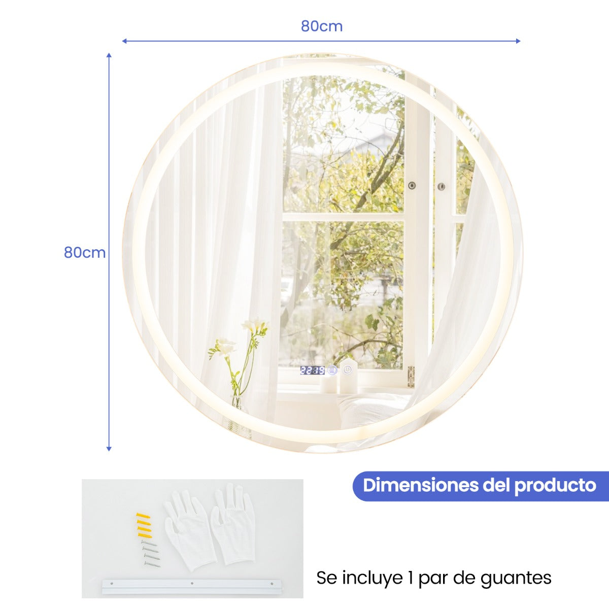 Espelho Redondo de Casa de Banho LED Antivapor Montado na Parede com 3 Cores de Luz e Função Tátil Inteligente de Memória 80 x 80 cm Prateado