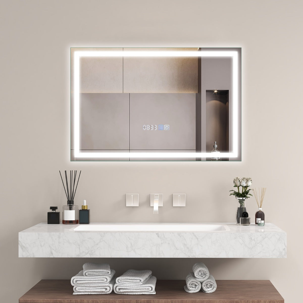 Espelho Retangular de Casa de Banho com Luz LED Brilho Ajustável Continuamente 3 Temperaturas de Cor Função Antivapor e de Memória 60 x 40 cm