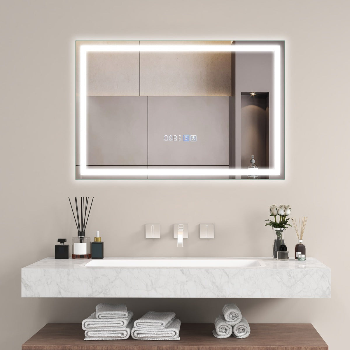 Espelho Retangular de Casa de Banho com Luz LED – 75 x 50 cm – Prateado – Vidro