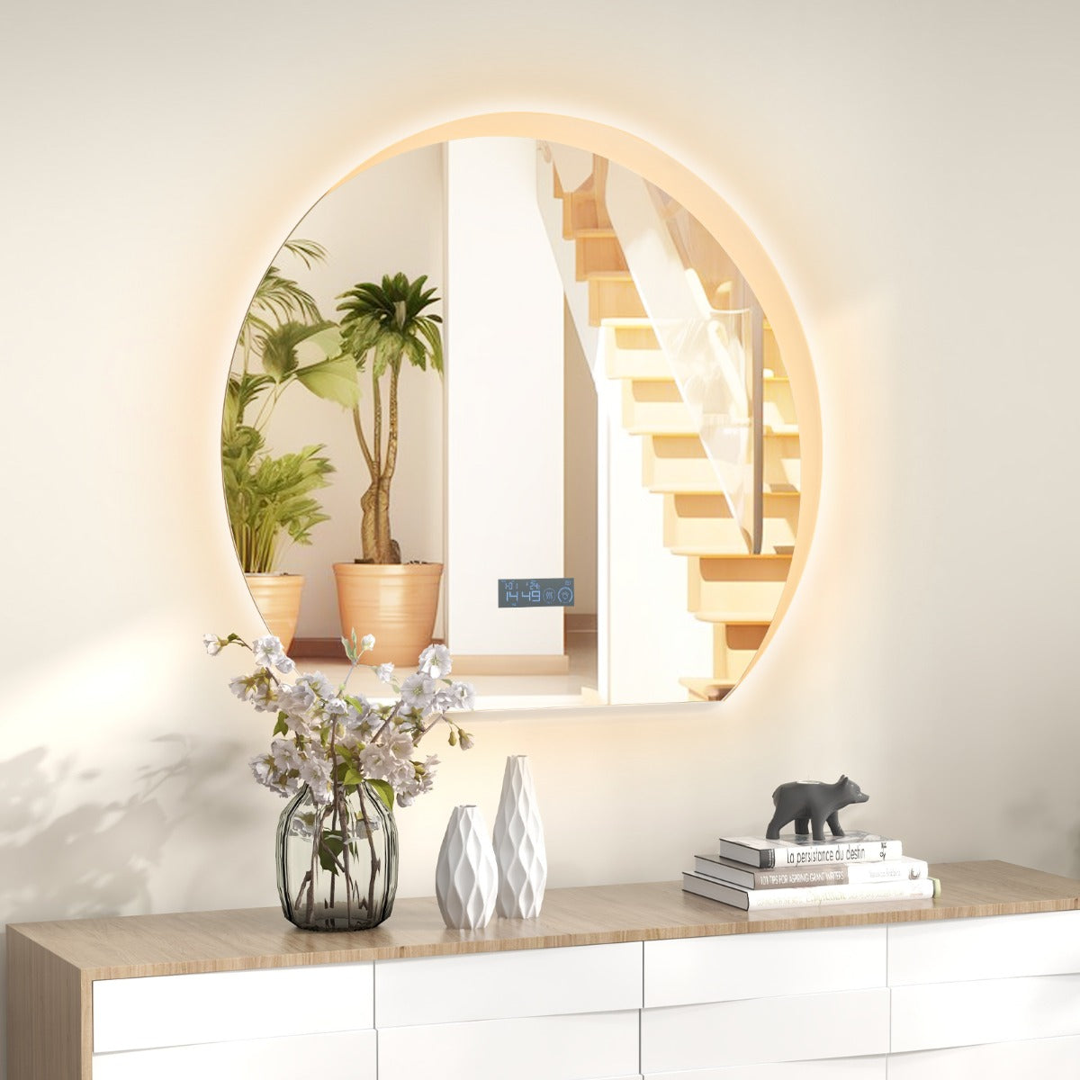 Espelho de Casa de Banho LED Regulável com 3 Cores Função de Memória Ecrã de Hora e Temperatura 53 x 60 cm Prateado