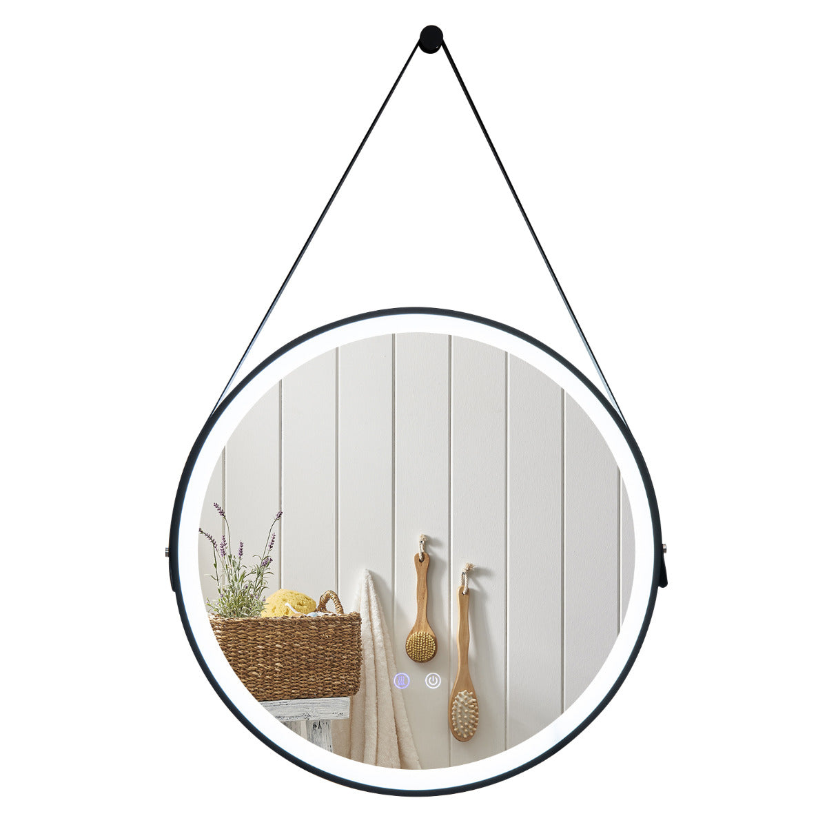 Espelho de Casa de Banho LED Redondo 60 cm Espelho de Parede com Corda 3 Cores Função Antifog e de Memória Interruptor Tátil Espelho Iluminado