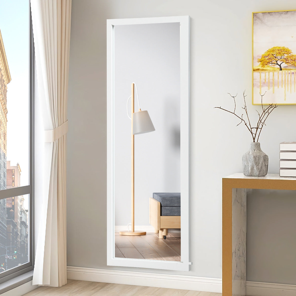 Espelho de Pé/Corpo Inteiro Montado na Parede com Ganchos Espelho de Maquilhagem para Porta Quarto Sala Vestuários Branco 120 x 37 cm