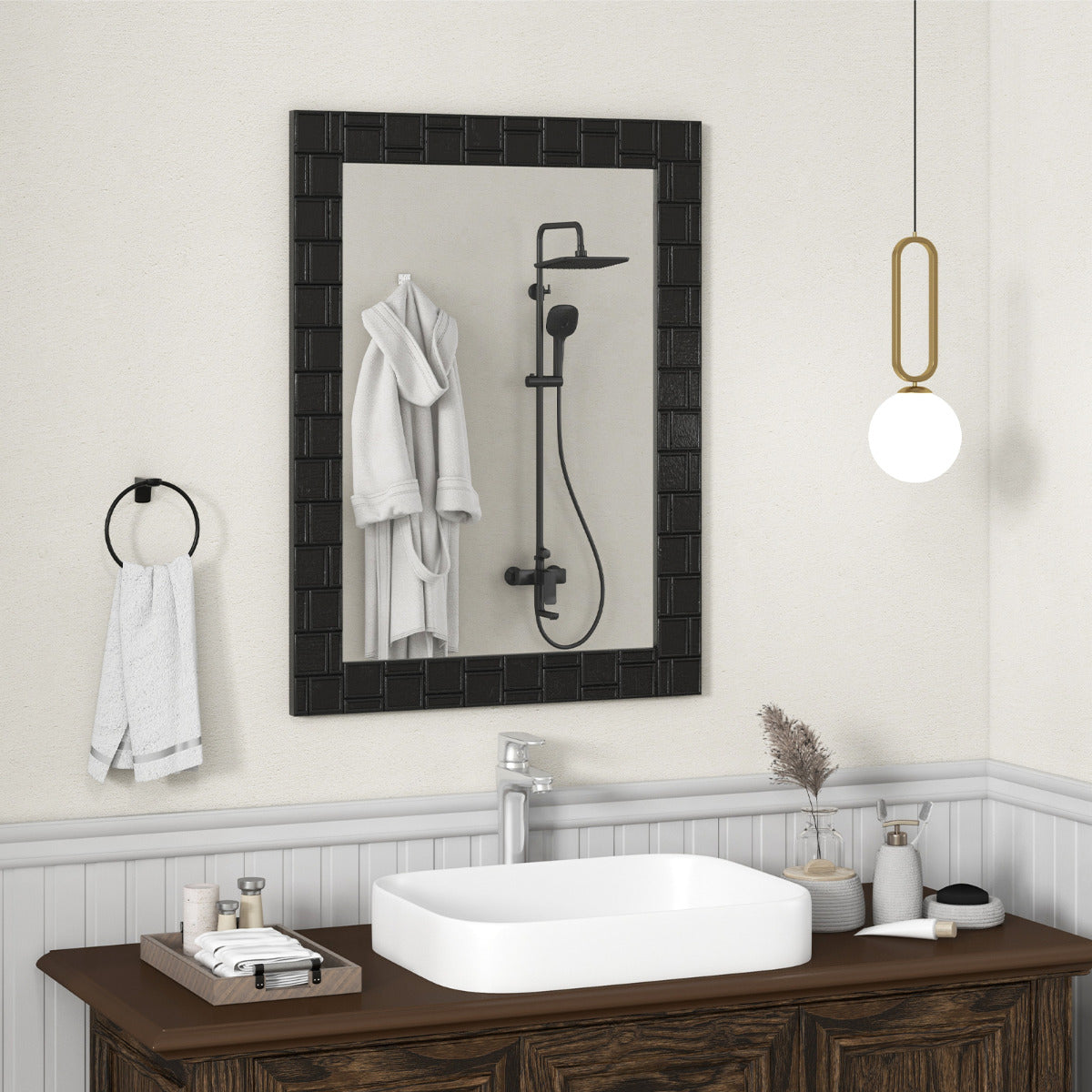 Espelho de Parede 80x60cm Moderno com Moldura de Madeira Maciça de Borracha Pendurável Vertical e Horizontal Retangular para Casa de Banho Quarto Hall de Entrada