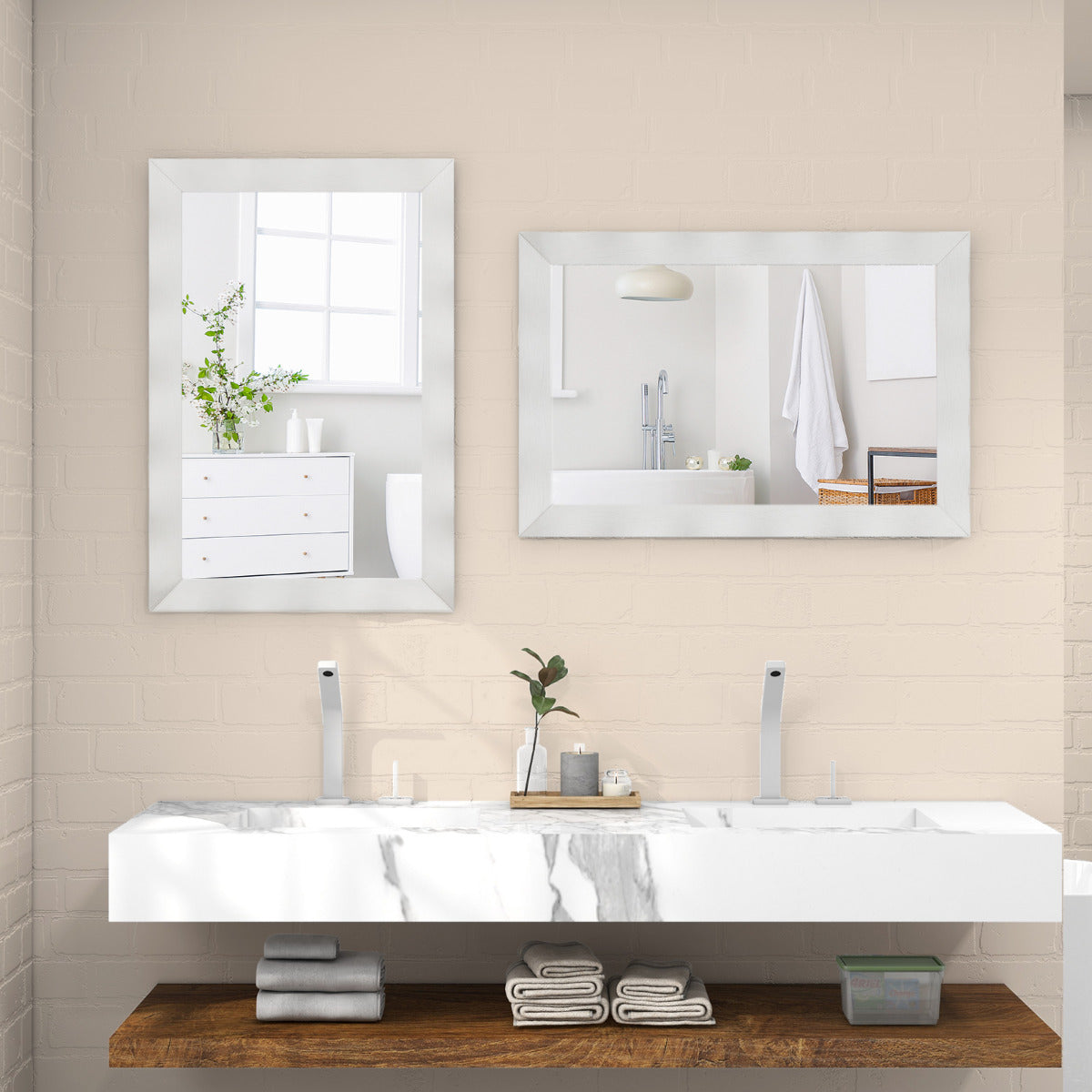 Espelho de Parede 106x71,5cm Estilo Rústico com Moldura de Madeira de Borracha Maciça Vertical e Horizontal para Casa de Banho Quarto Entrada Branco