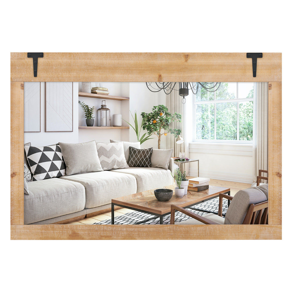 Espelho de Parede com Moldura em Madeira de Abeto 97 x 67 cm Montagem Vertical e Horizontal Decorativo para Quarto Sala Natural