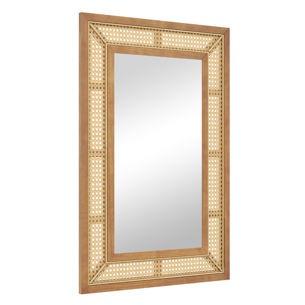 Espelho de Parede de Ratan Decorativo Retangular Estilo Bohemio com Moldura de Madeira Pendente Vertical ou Horizontal para Casa de Banho 90 x 60 cm