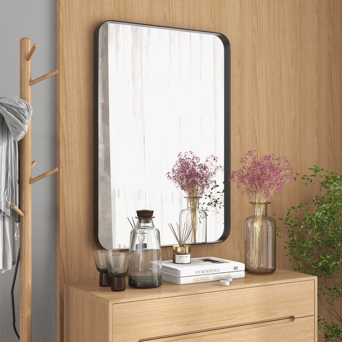 Espelho de Parede para Casa de Banho 50 x 80 cm Espelho Retangular Pendurado Moderno em Moldura de Metal com Cantos Arredondados para Closet Preto
