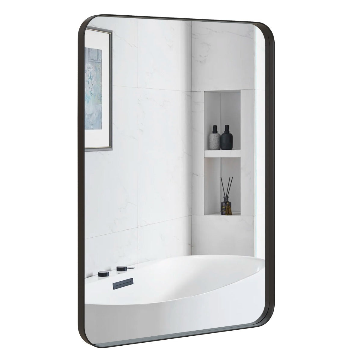 Espelho de Parede para Casa de Banho 50 x 80 cm Espelho Retangular Pendurado Moderno em Moldura de Metal com Cantos Arredondados para Closet Preto