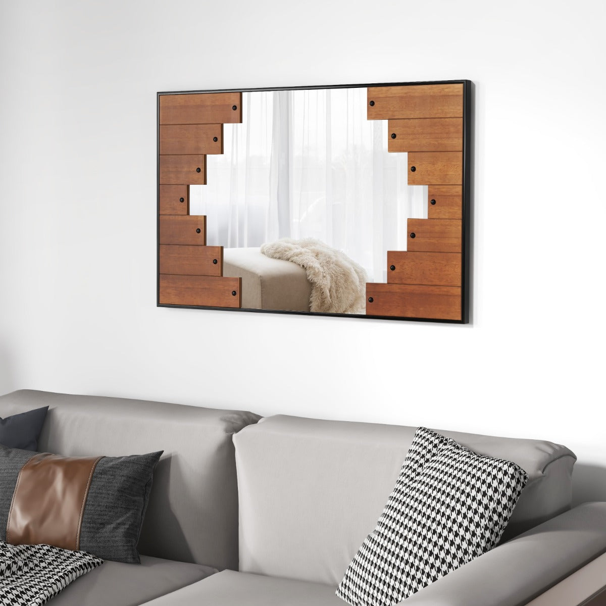 Espelho de Parede Retangular com Moldura em Forma de Tecla de Piano Gancho Bidirecional para Sala de Estar Quarto 95 x 60 cm Preto