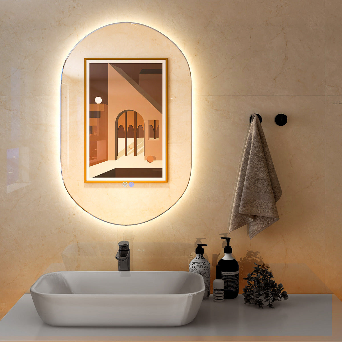 Espelho de Parede LED Ovalado 80 x 50 cm para Casa de Banho Retroiluminado Ajustável em Intensidade 3 Cores de Luz Antivapor à Prova de Explosões