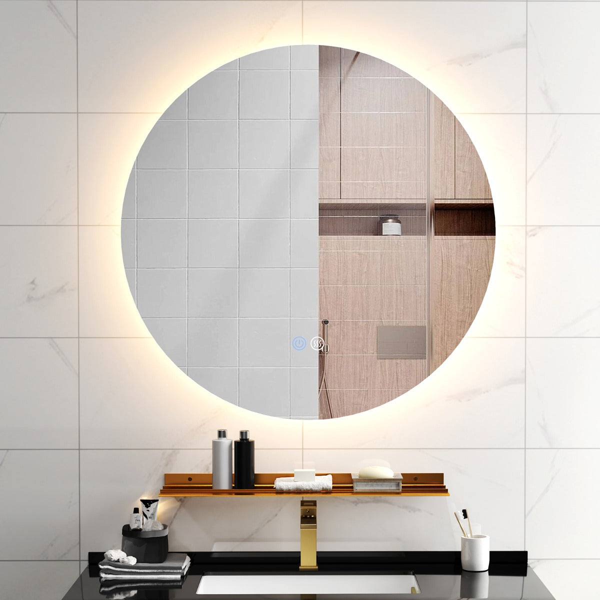 Espelho LED Redondo de Parede para Casa de Banho de 60 cm com Luz Regulável Contínua em 3 Cores e Desembaciamento Automático