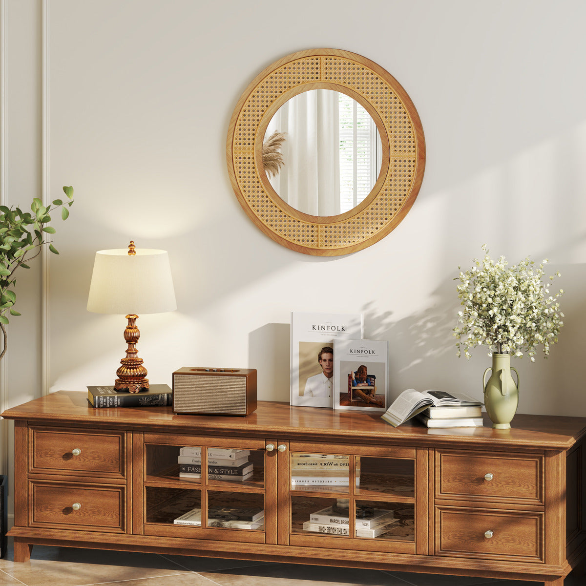 Espelho de Parede Redondo em Ratan com Moldura de Madeira de 65 cm com Vidro de Alumínio Espelho Decorativo para Casa de Banho Sala de Estar Entrada Natural