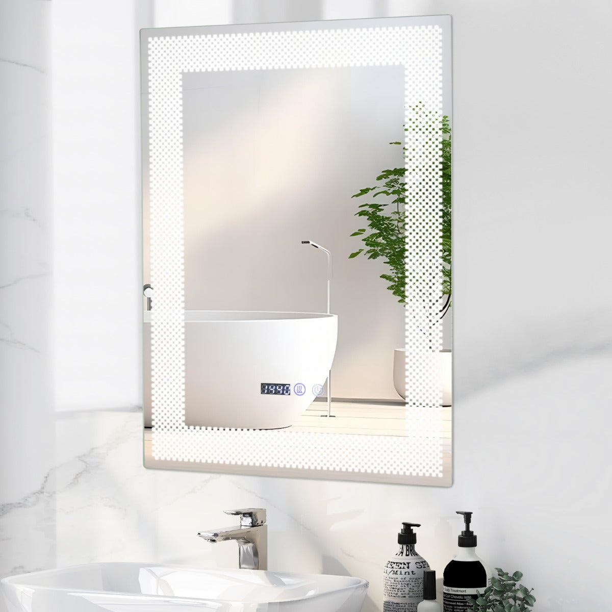 Espelho de Parede LED HD Antivaho com 3 Cores de Luz Memória de Tempo e Temperatura Espelho Inteligente para Casa de Banho 70 x 50 cm Prateado